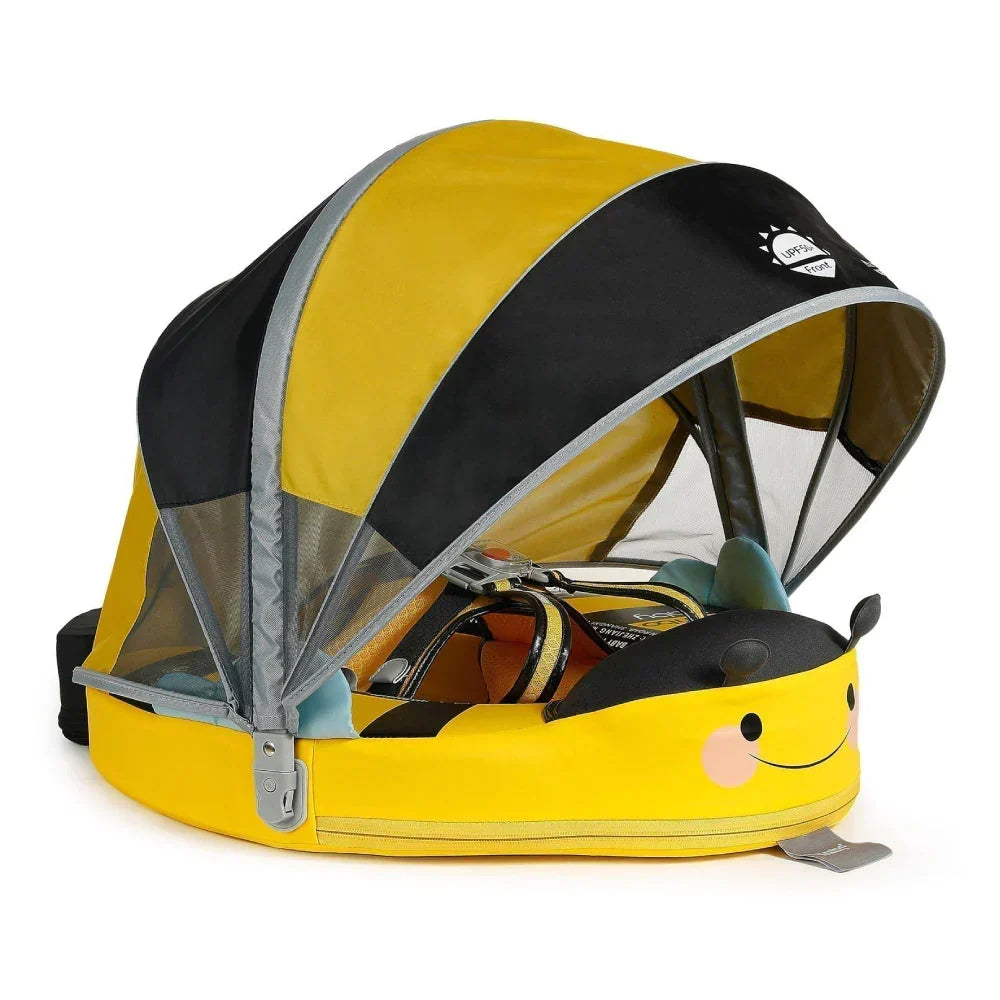 Flotador bebé sin aire Mambobaby™ Mariposa – Flotador sin aire amarillo con capota negra y arnés, vista lateral con...