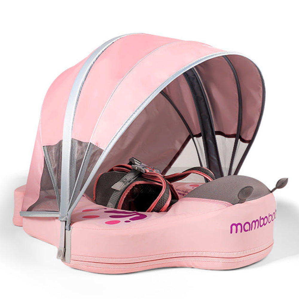 Flotador bebé sin aire Mambobaby™ Mariposa – Entrenador de natación con flotador acolchado rosa, capota con malla y arcos