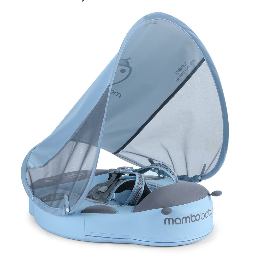 Ayuda de natación sin aire Mambobaby™ azul y gris con toldo de malla y asas de soporte