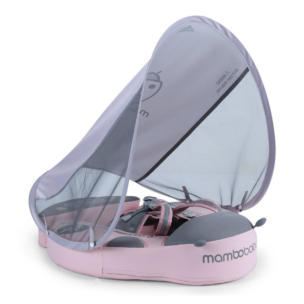 Ayuda de natación sin aire Mambobaby™ con toldo rosa y gris, malla y correas ajustables