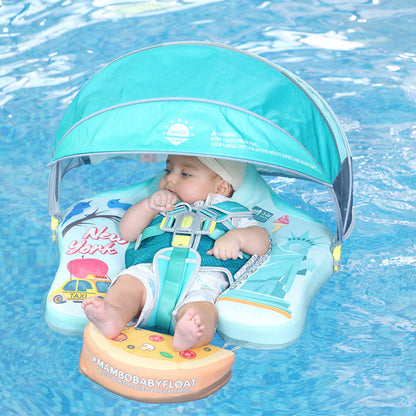 Flotador bebé sin aire Mambobaby™ Nueva York – Ayuda flotación con techo UV turquesa, arnés de cinco puntos y funda estampada