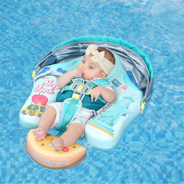 Flotador bebé sin aire Mambobaby™ Nueva York – Ayuda flotación turquesa con techo UV, arnés y soporte inflable para bebé