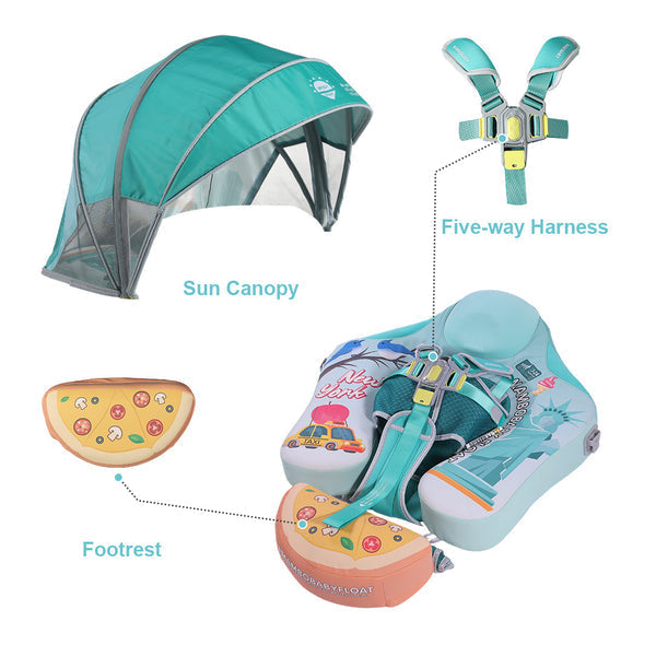 Flotador bebé sin aire Mambobaby™ Nueva York – Ayuda flotación infantil turquesa con techo UV, arnés y reposapiés integrados