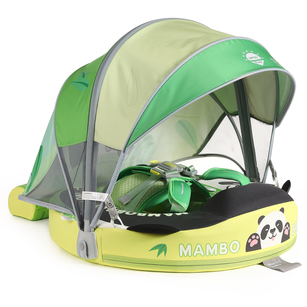 Flotador bebé sin aire Mambobaby™ Panda – Ayuda de natación sin aire con panda, asiento con toldo verde y malla gris