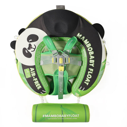 Flotador bebé sin aire Mambobaby™ Panda – Ayuda de natación sin aire panda, vista superior con arneses verdes y cojín negro