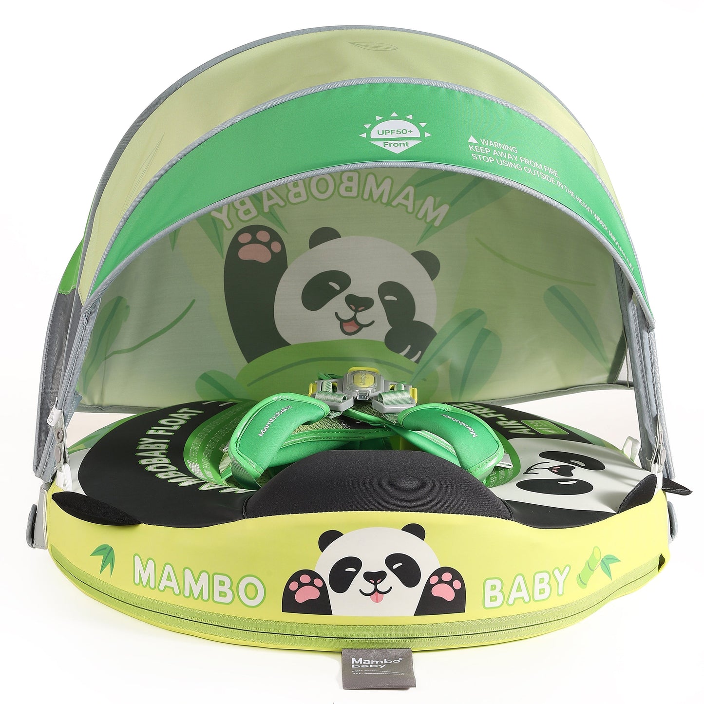 Flotador bebé sin aire Mambobaby™ Panda – Ayuda de natación sin aire panda, vista frontal con base amarilla y arnés verde