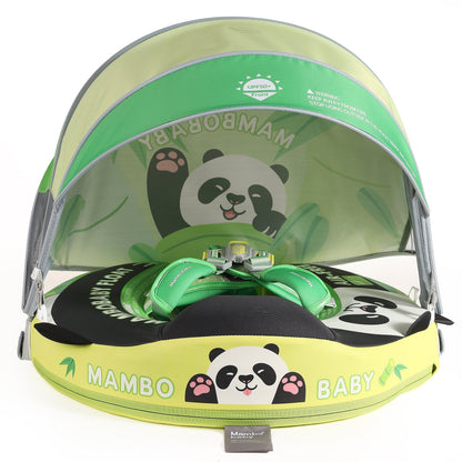 Flotador bebé sin aire Mambobaby™ Panda – Ayuda de natación sin aire panda, vista frontal con base amarilla y arnés verde