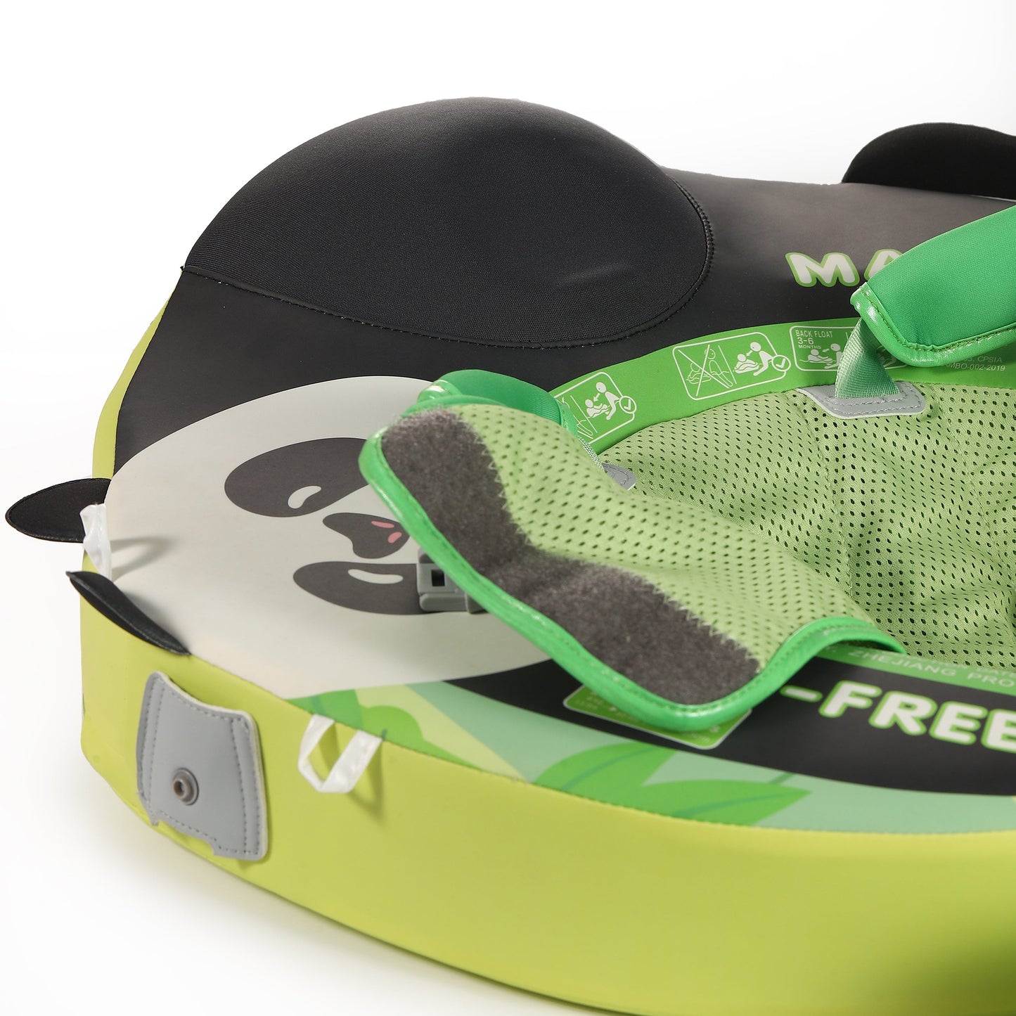 Flotador bebé sin aire Mambobaby™ Panda – Asiento flotante sin aire panda, cojín negro y correa verde con malla