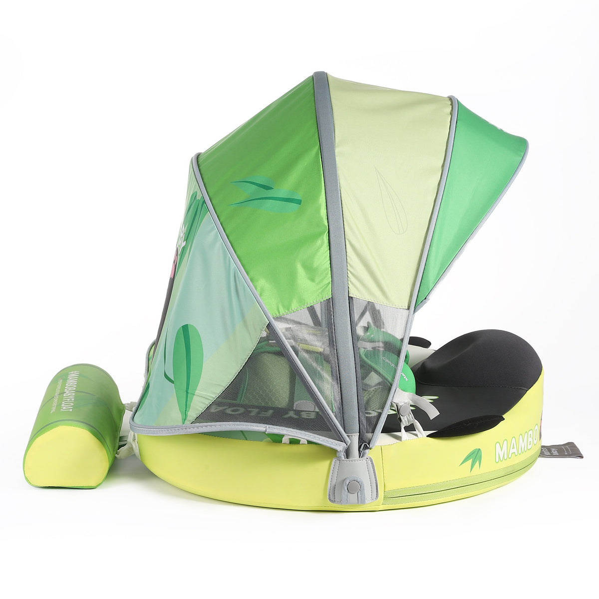 Flotador bebé sin aire Mambobaby™ Panda – Ayuda de natación sin aire panda, vista lateral con toldo desplegado y cojín negro