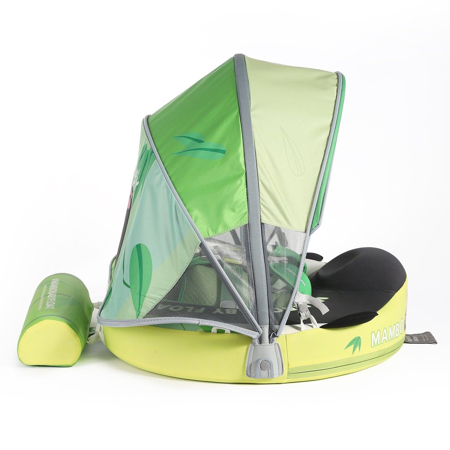Flotador bebé sin aire Mambobaby™ Panda – Ayuda de natación sin aire panda, vista lateral con base amarilla y toldo verde