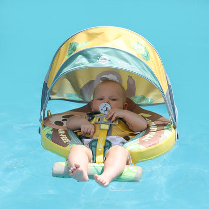 Flotador bebé sin aire Mambobaby™ Perezoso – Flotador sin aire con capota transparente verde/amarilla y bebé sujetado con...