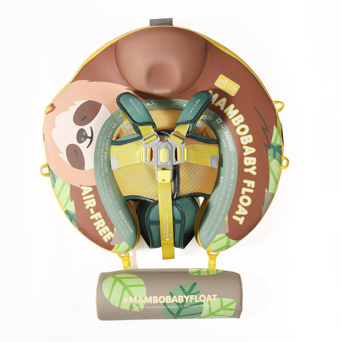 Flotador bebé sin aire Mambobaby™ Perezoso – Flotador circular sin aire con respaldo y arnés central, estampado de perezoso