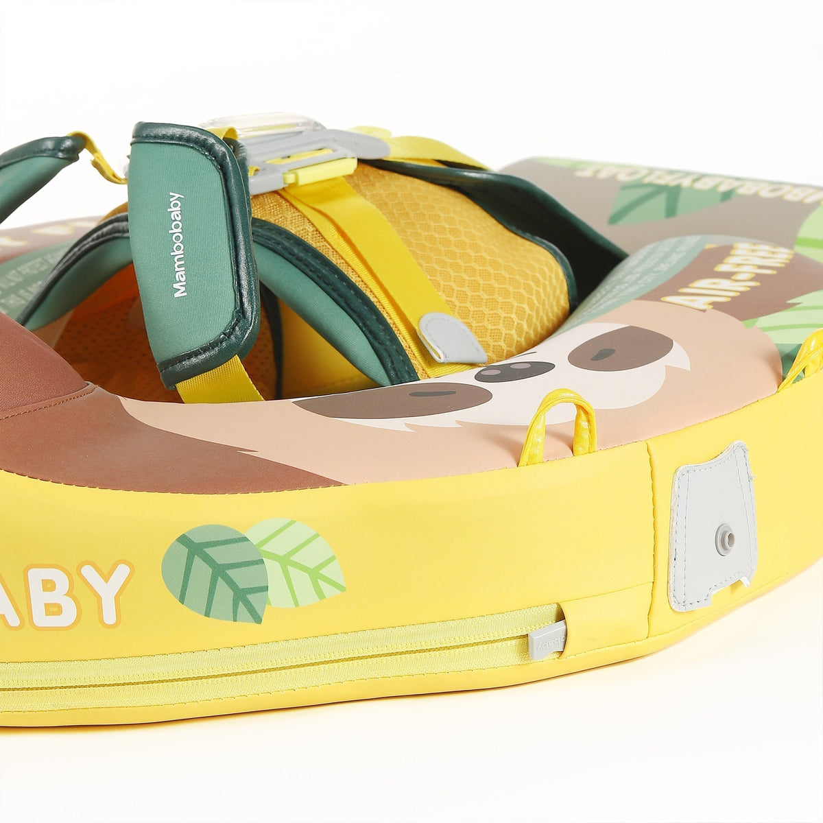 Flotador bebé sin aire Mambobaby™ Perezoso – Flotador sin aire con panel amarillo, correas verdes y cierre frontal