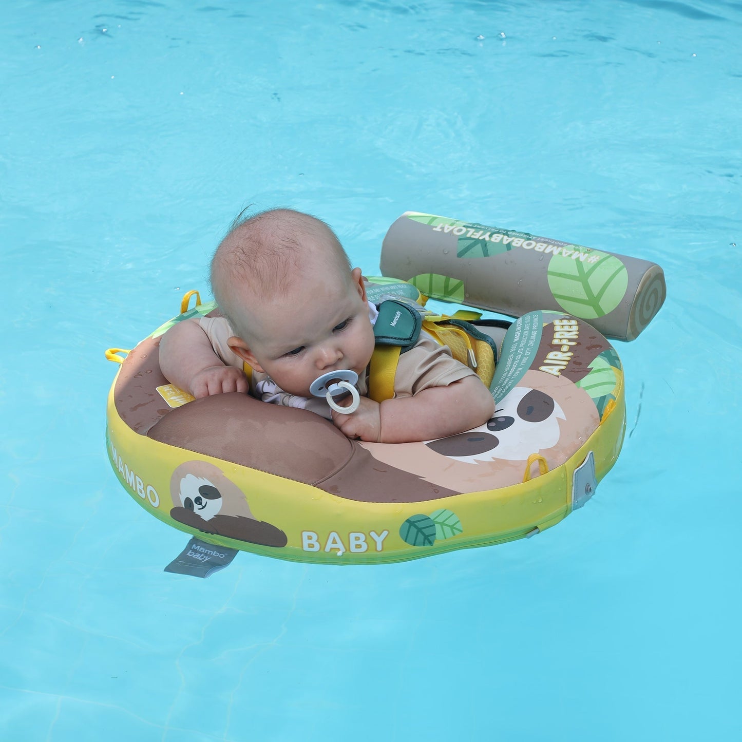 Flotador bebé sin aire Mambobaby™ Perezoso – Flotador sin aire con arnés, tubo protector y estampado de perezoso para bebé