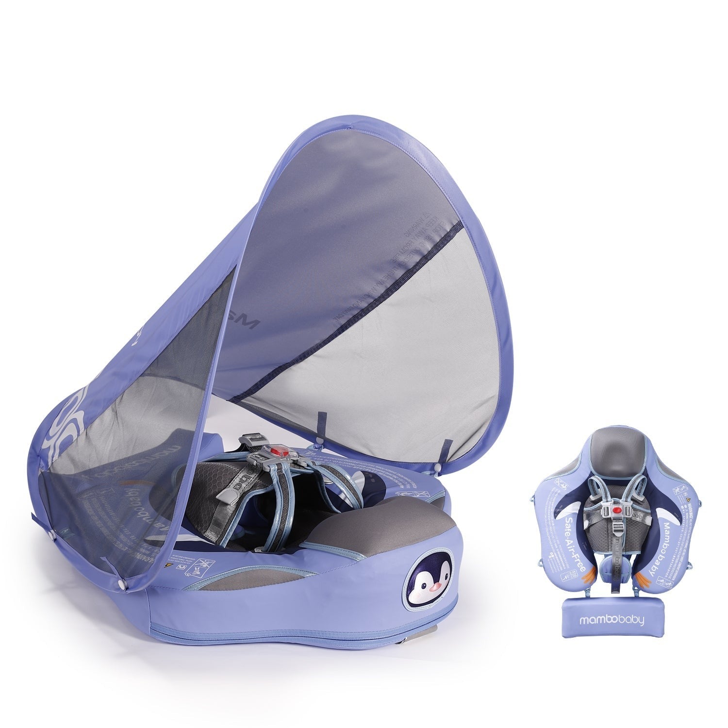 Flotador bebé sin aire Mambobaby™ Pingüino – Flotador sin aire con diseño de pingüino, arnés y asiento acolchado azul