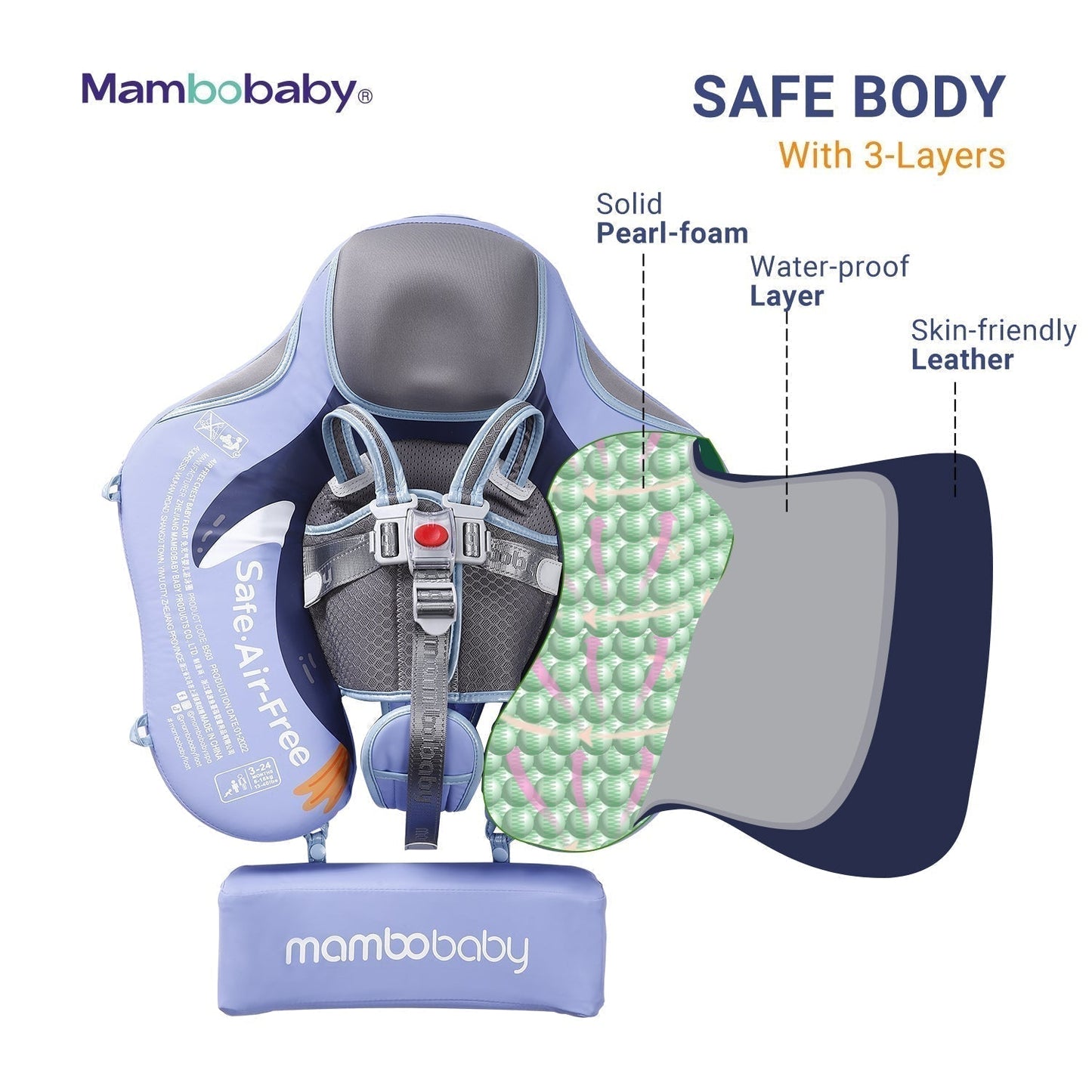Flotador bebé sin aire Mambobaby™ Pingüino – Flotador sin aire azul con arnés acolchado, capas de protección y refuerzo...