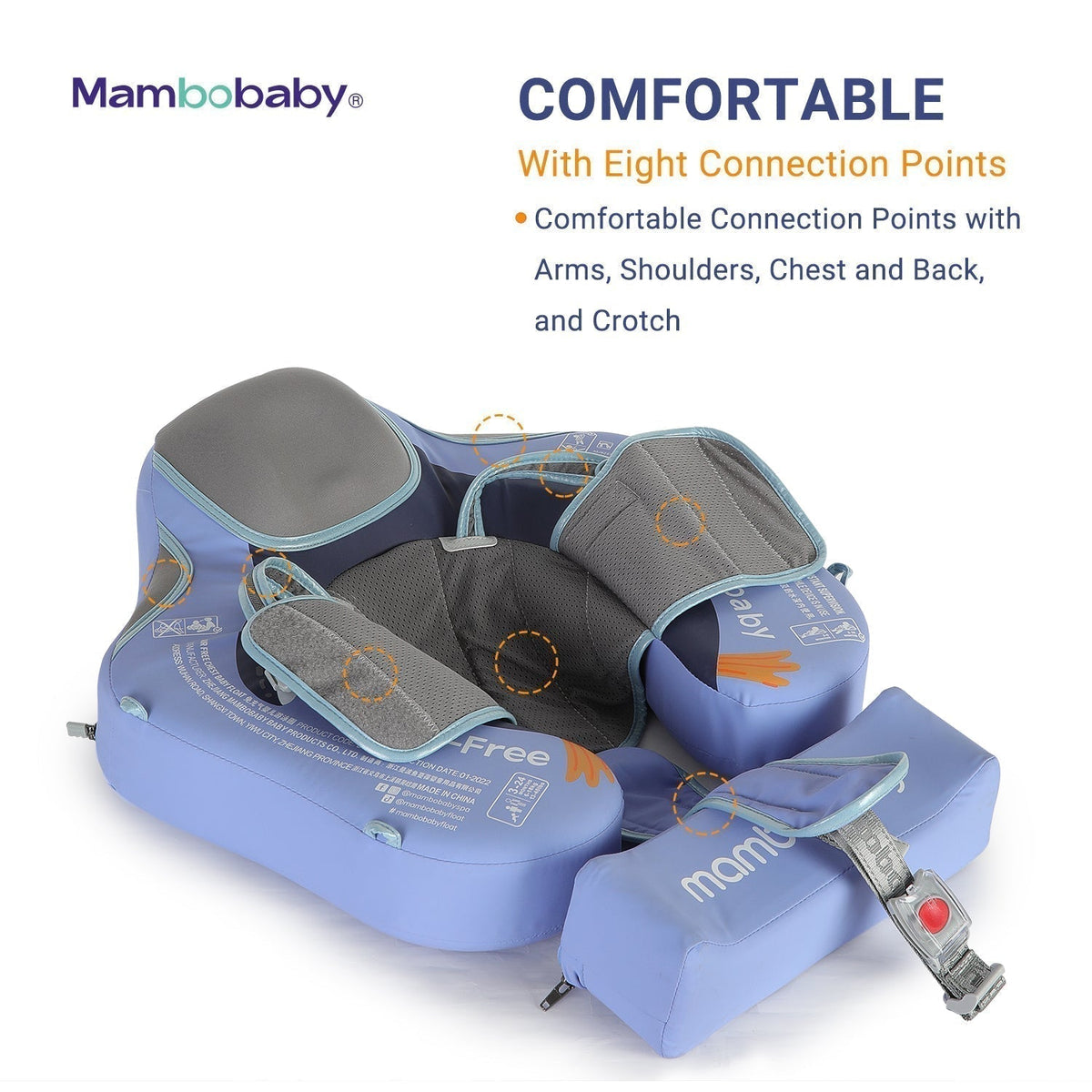 Flotador bebé sin aire Mambobaby™ Pingüino – Flotador sin aire azul con arnés acolchado y puntos de conexión para el cuerpo