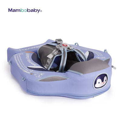 Flotador bebé sin aire Mambobaby™ Pingüino – Flotador sin aire azul con arnés frontal y asiento acolchado con pingüino
