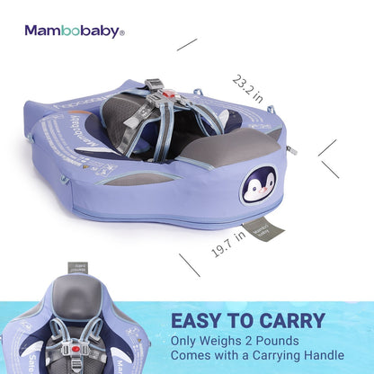 Flotador bebé sin aire Mambobaby™ Pingüino – Flotador sin aire azul con asa de transporte y diseño de pingüino en el lateral