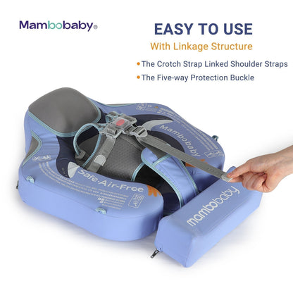Flotador bebé sin aire Mambobaby™ Pingüino – Flotador sin aire azul con correas enlazadas al arnés y hebilla de seguridad