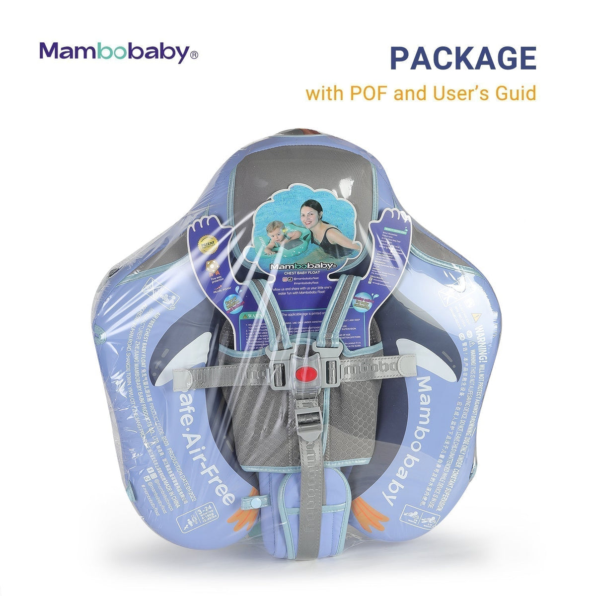 Flotador bebé sin aire Mambobaby™ Pingüino – Flotador sin aire azul con arnés y diseño de pingüino, paquete con guía