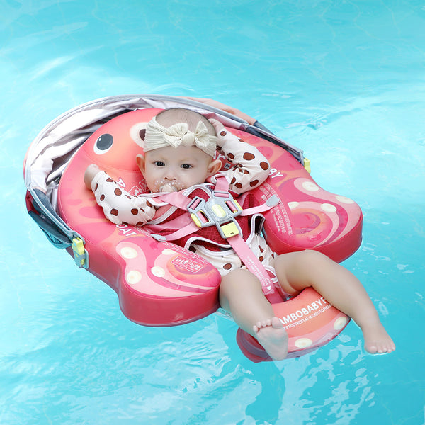 Flotador bebé sin aire Mambobaby™ Pulpo – Chaleco salvavidas rosa con arnés ajustable y capota UV para bebé en el agua