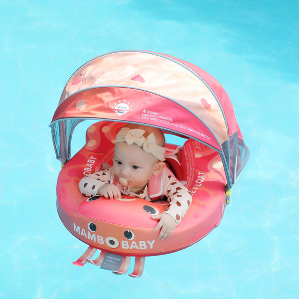 Flotador bebé sin aire Mambobaby™ Pulpo – Ayuda de natación rosa con capota UV transparente y arnés para bebé, diseño pulpo