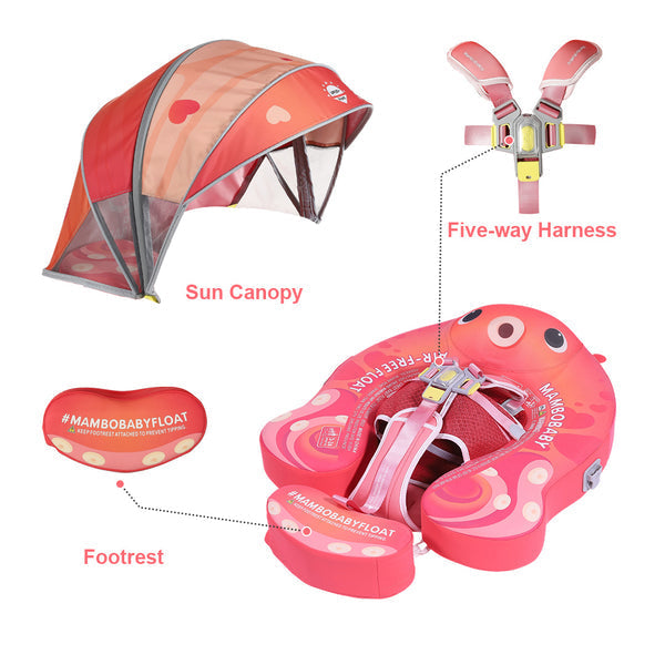 Flotador bebé sin aire Mambobaby™ Pulpo – Ayuda de natación rosa con capota solar y arnés de cinco puntos, diseño pulpo