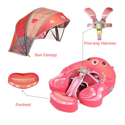 Flotador bebé sin aire Mambobaby™ Pulpo – Ayuda de natación rosa con capota solar y arnés de cinco puntos, diseño pulpo