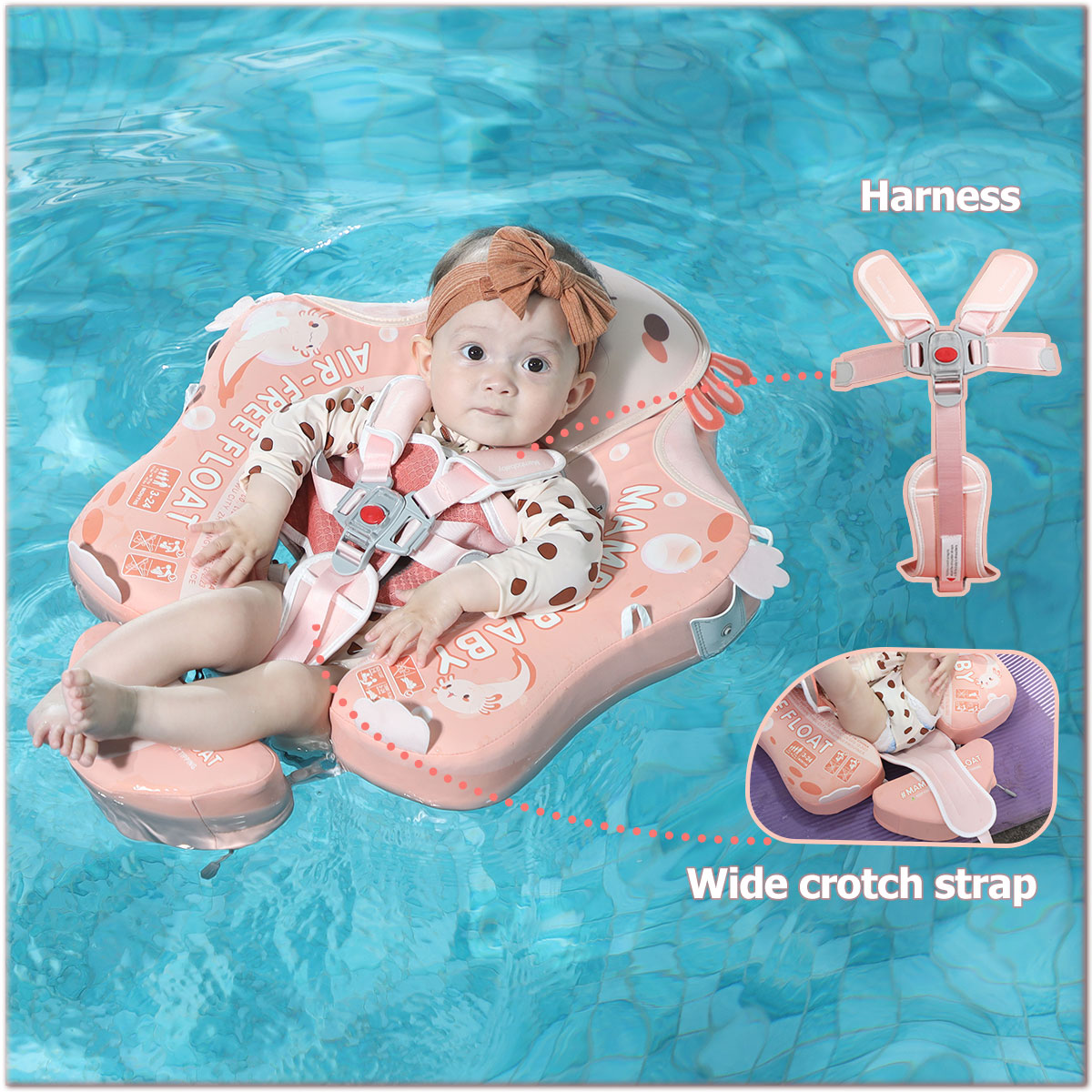 Flotador bebé sin aire Mambobaby™ Salamandra – Ayuda de natación para bebé sin aire con arnés y correas, color verde menta