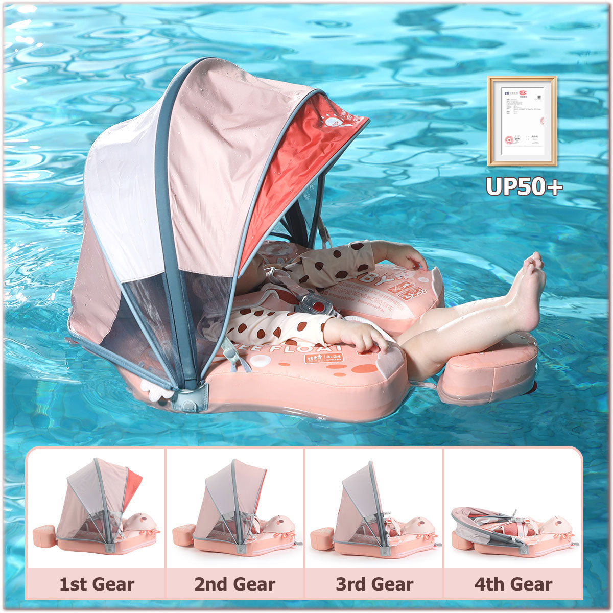 Flotador bebé sin aire Mambobaby™ Salamandra – Ayuda de natación para bebé sin aire con toldo UV UPF50+ y arnés, color rosa