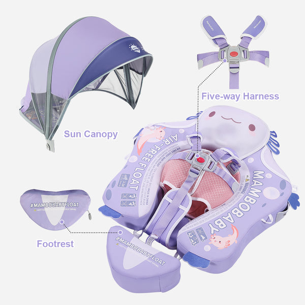 Flotador bebé sin aire Mambobaby™ Salamandra – Ayuda de natación para bebé sin aire con toldo UV y arnés, color lila
