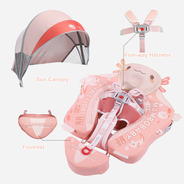Flotador bebé sin aire Mambobaby™ Salamandra – Ayuda de natación para bebé sin aire con toldo UV y arnés, color rosa coral