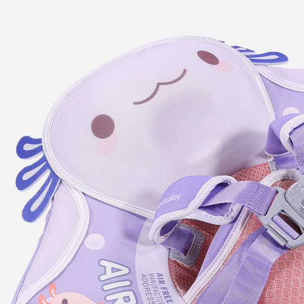 Flotador bebé sin aire Mambobaby™ Salamandra – Ayuda de natación para bebé sin aire con toldo y arnés, vista de cerca lila