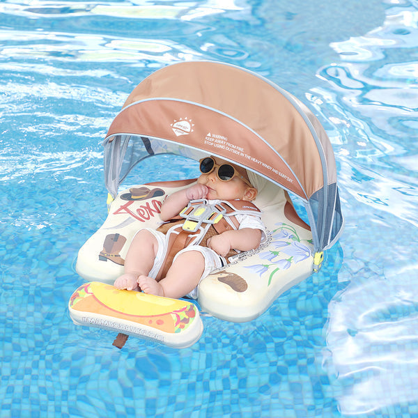 Flotador bebé sin aire Mambobaby™ Texas – Ayuda de natación con toldo UV beige, malla frontal y arnés ajustable de cinco...