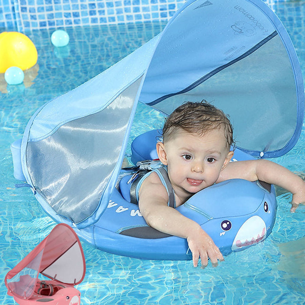 Flotador bebé sin aire Mambobaby™ Tiburón – Asistencia de natación azul con visera tipo tiburón y bebé dentro