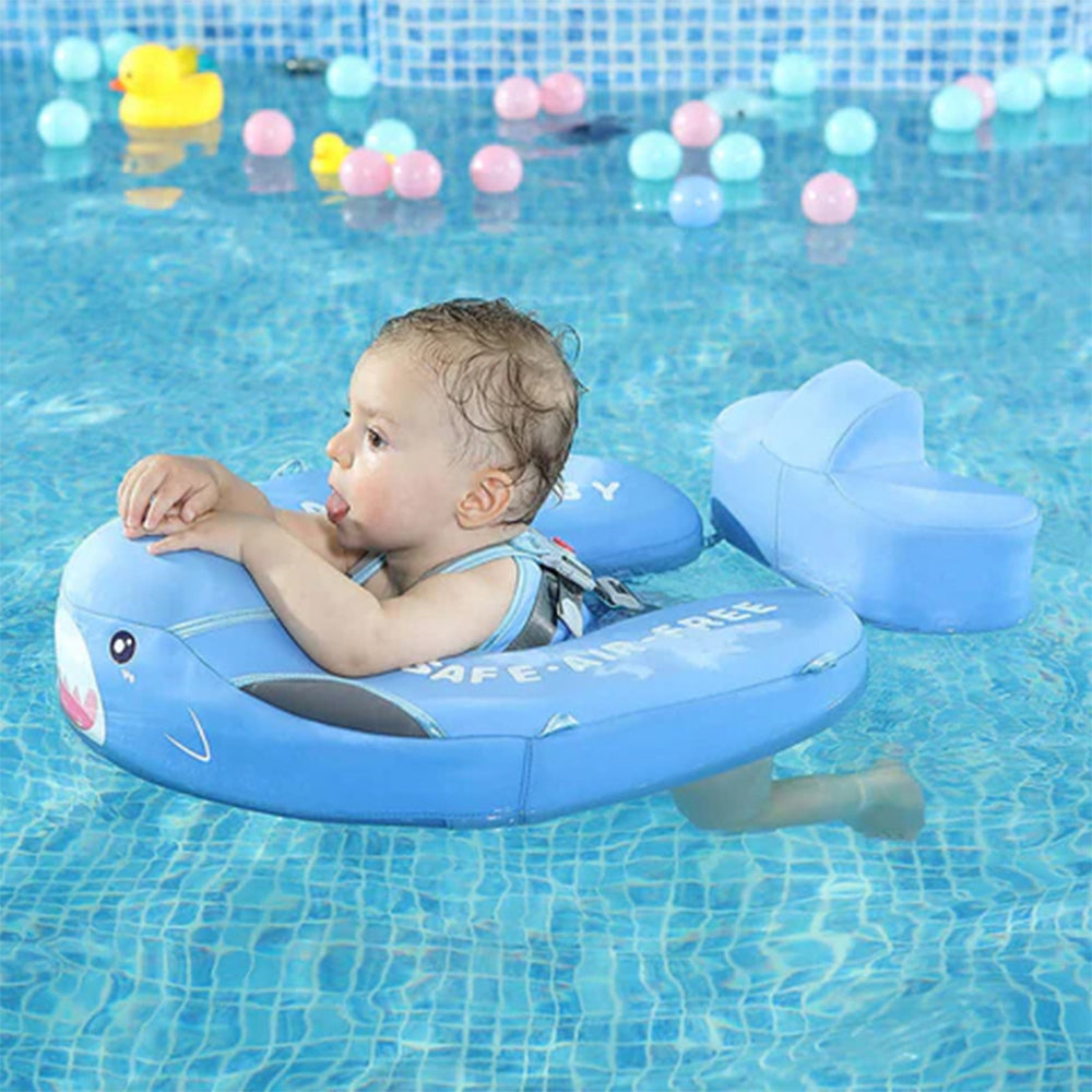 Flotador bebé sin aire Mambobaby™ Tiburón – Asistencia de natación azul tipo tiburón con bebé sentado en el asiento