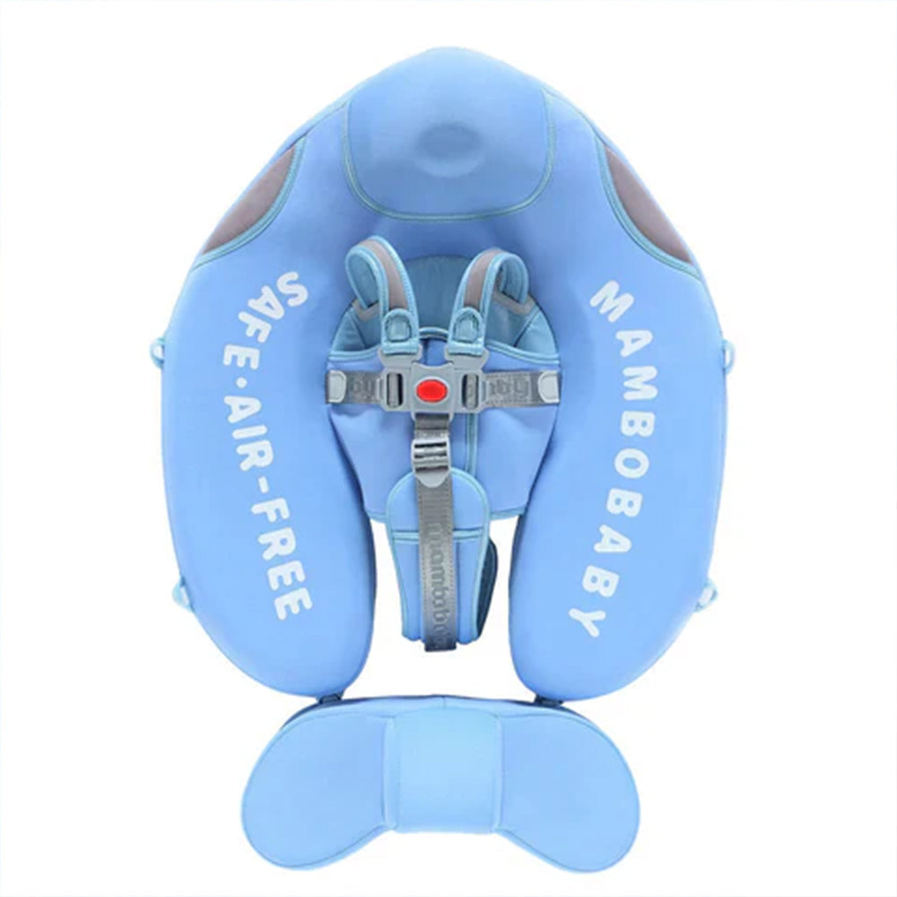 Flotador bebé sin aire Mambobaby™ Tiburón – Flotador tipo tiburón azul con arnés y forma de aletas, vista trasera