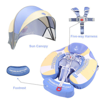 Ayuda para nadar Mambobaby™ con cinco correas y capota solar, azul y amarillo.