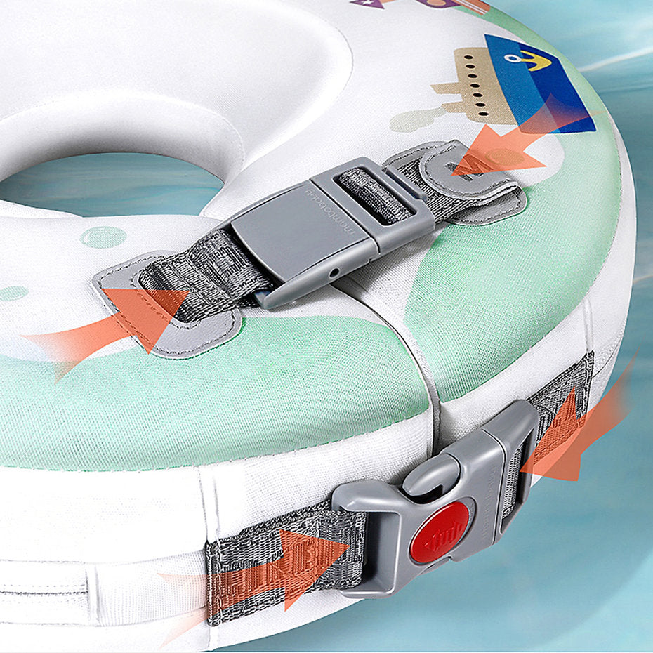 Flotador de cuello bebé sin aire Mambobaby™ Barcos – Aro de natación sin aire verde con hebilla frontal gris y correas de...