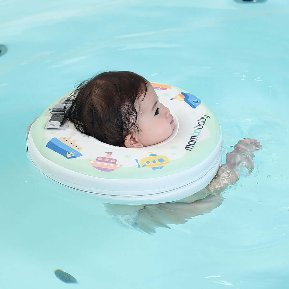Flotador de cuello bebé sin aire Mambobaby™ Barcos – Aro de natación sin aire para el cuello verde con arnés, usado por...