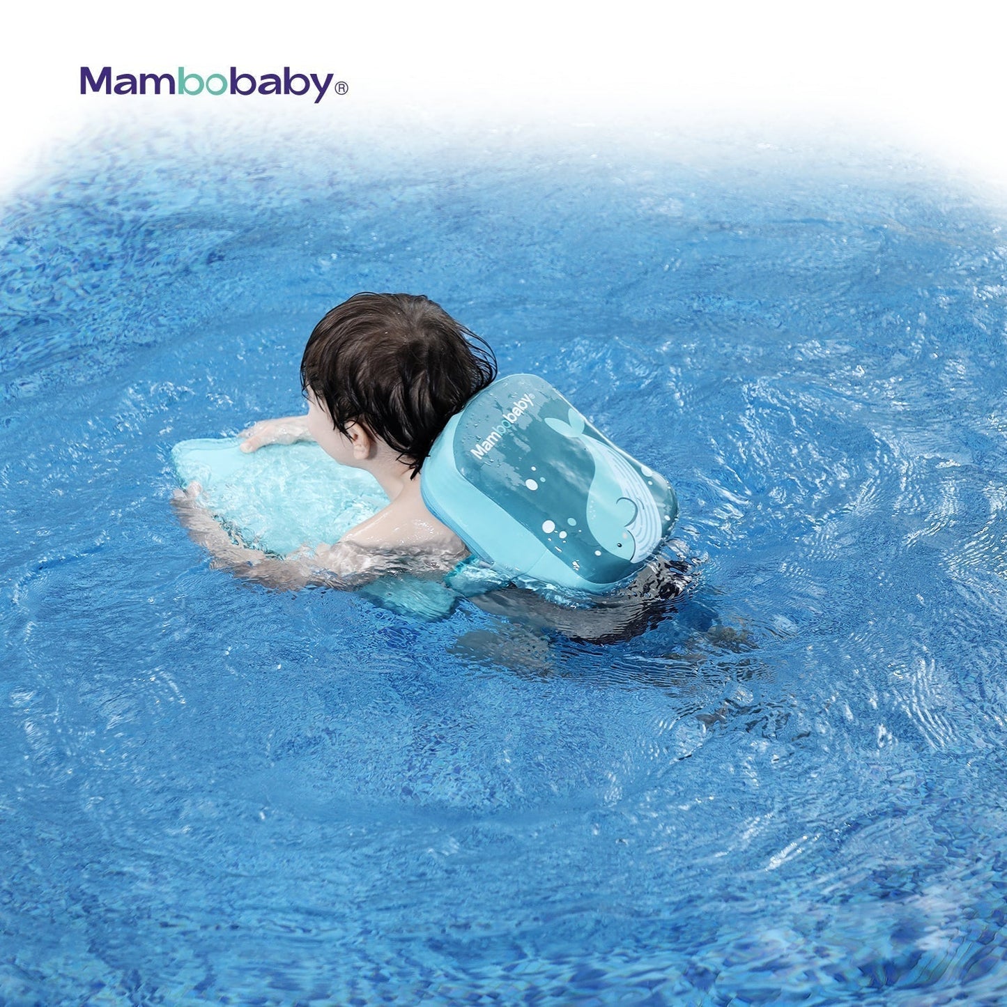 Ayuda de flotación para niños Mambobaby en el agua, respaldo turquesa con diseño de ballena