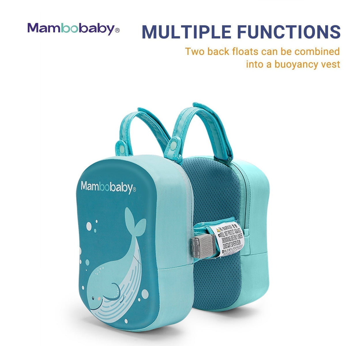 Ayuda de flotación para niños Mambobaby, respaldo turquesa con asa y malla en el costado