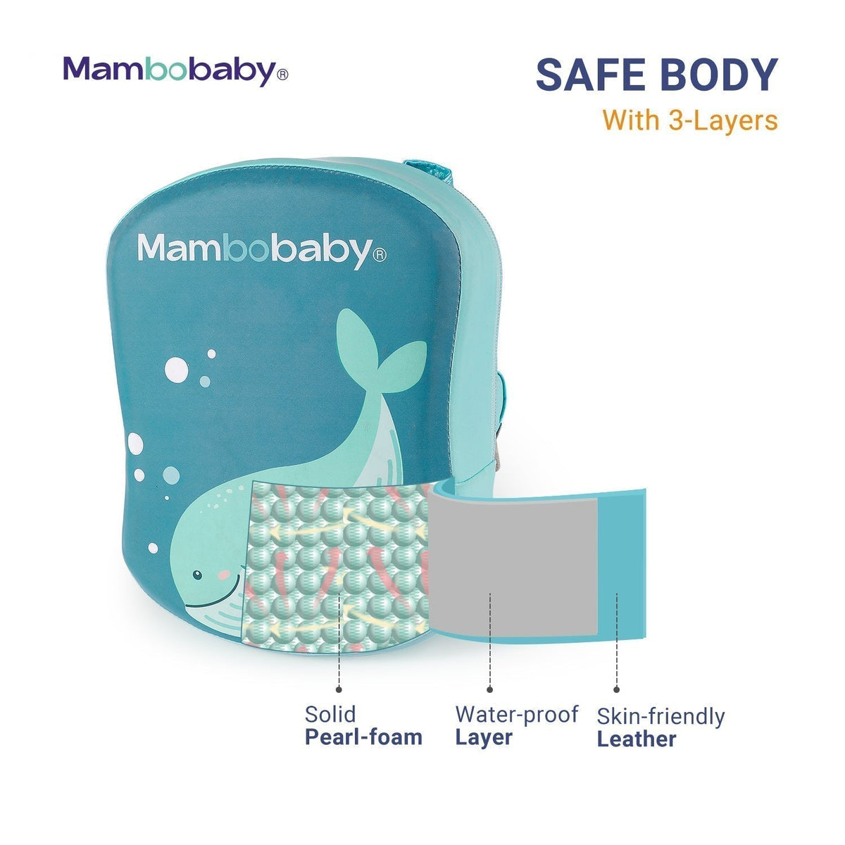 Ayuda de flotación para niños Mambobaby, respaldo turquesa con capas y cierre de correa