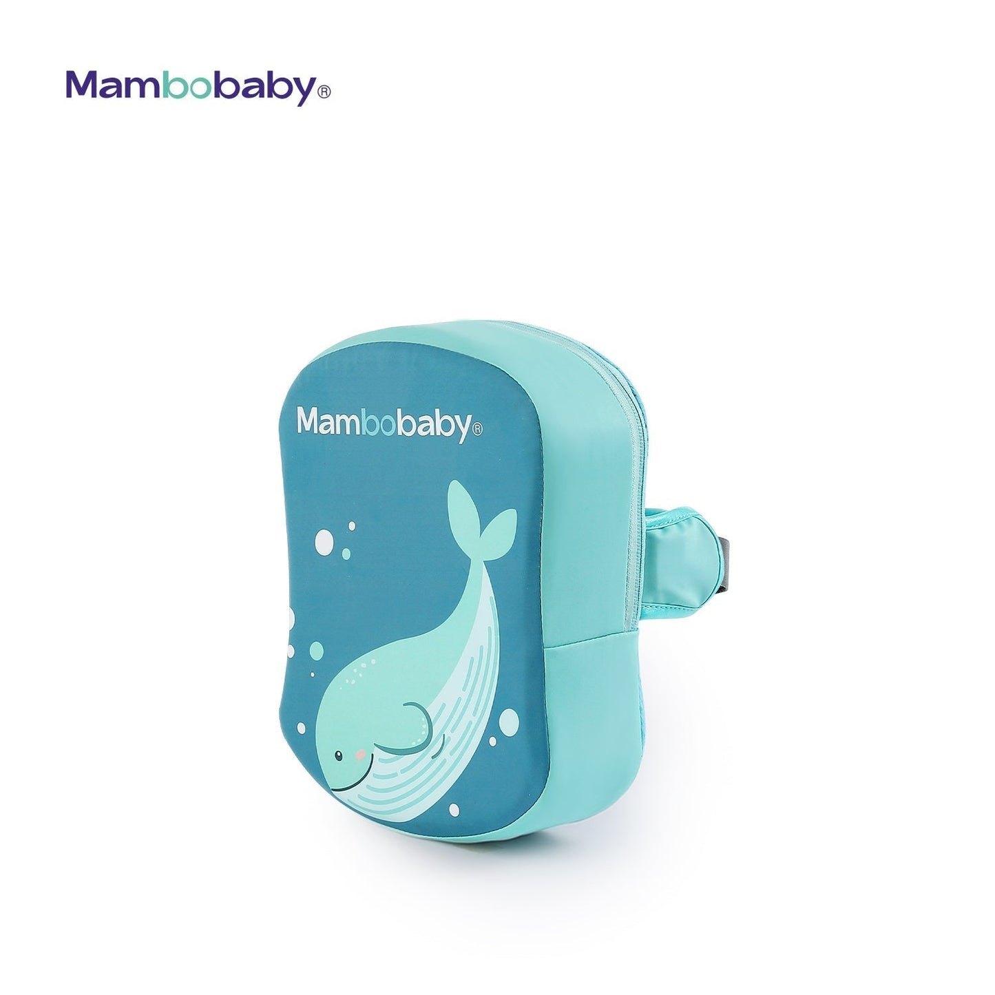 Ayuda de flotación para niños Mambobaby, respaldo turquesa con ballena y correa lateral