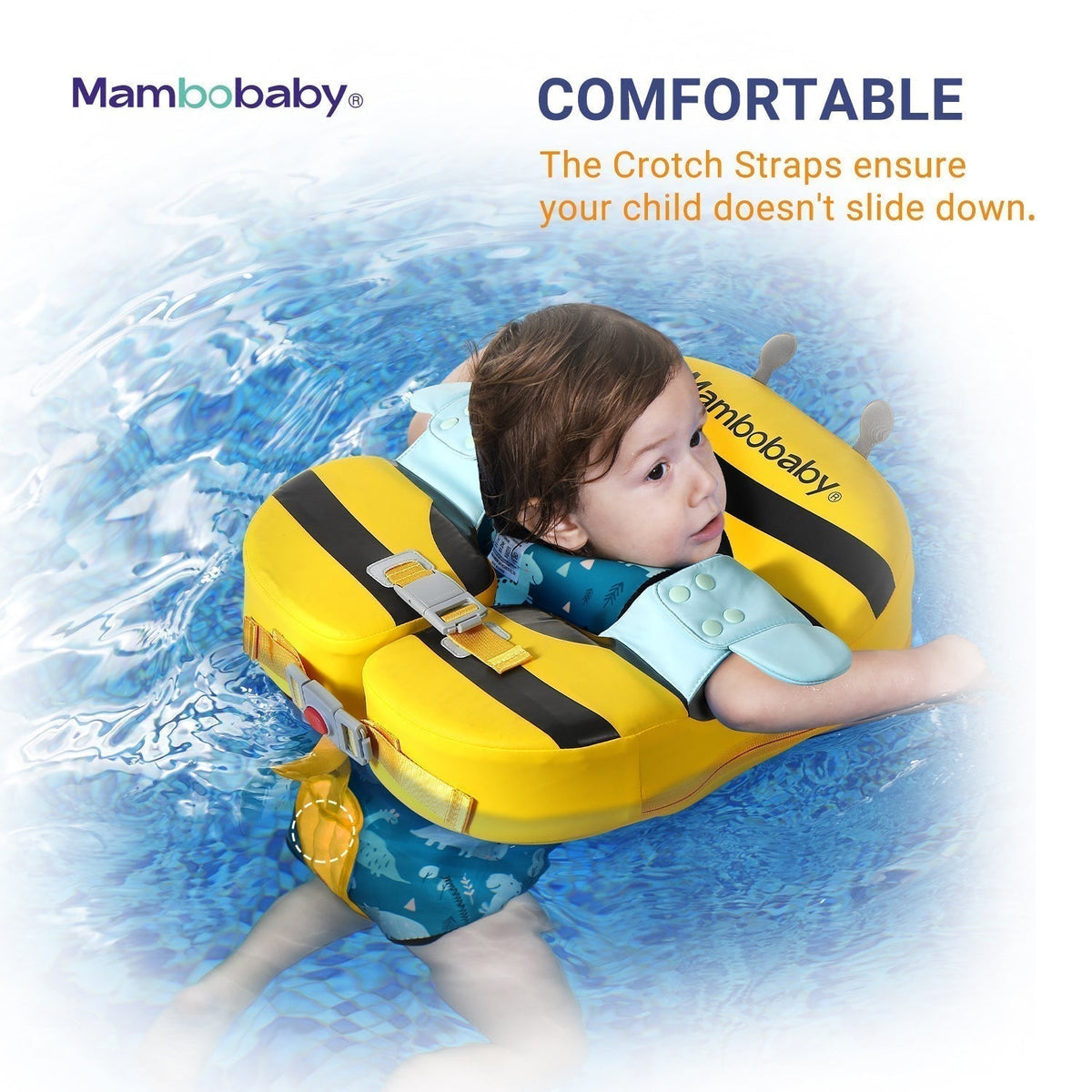 Flotador de hombros bebé sin aire Mambobaby™ Abeja – Flotador de hombros de abeja con correas de pierna, bebé en el agua