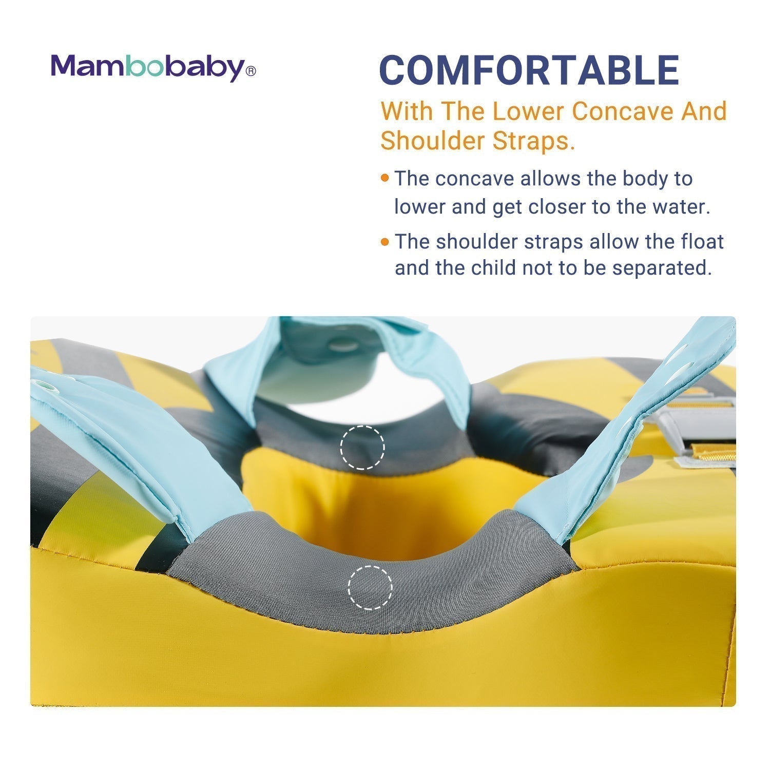 Flotador de hombros bebé sin aire Mambobaby™ Abeja – Flotador de hombros con correas de sujeción inferiores, vista interior