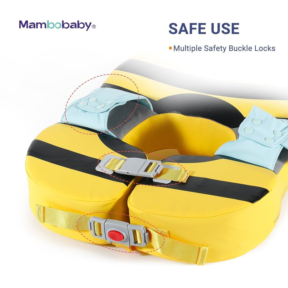 Flotador de hombros bebé sin aire Mambobaby™ Abeja – Flotador de hombros amarillo con hebillas de seguridad y correas...
