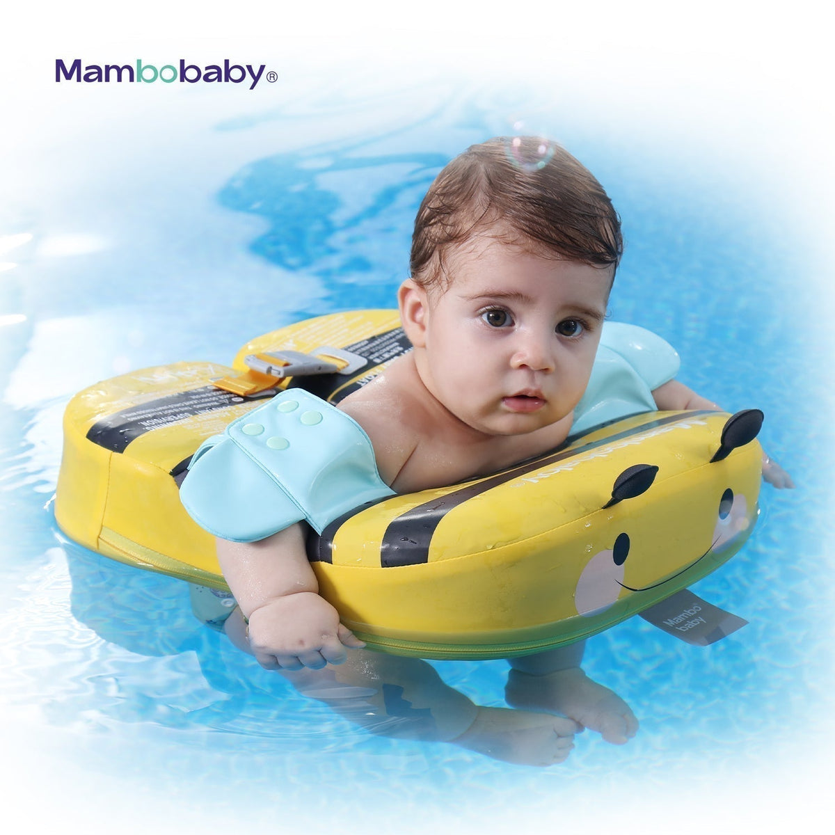 Flotador de hombros bebé sin aire Mambobaby™ Abeja – Flotador de hombros de abeja amarillo con reposacabezas azul, bebé...