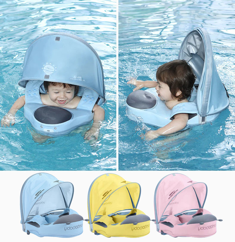 Flotador de hombros sin aire Mambobaby™ Mariquita – Ayuda para nadar sin aire azul con capota y asiento, niños dentro